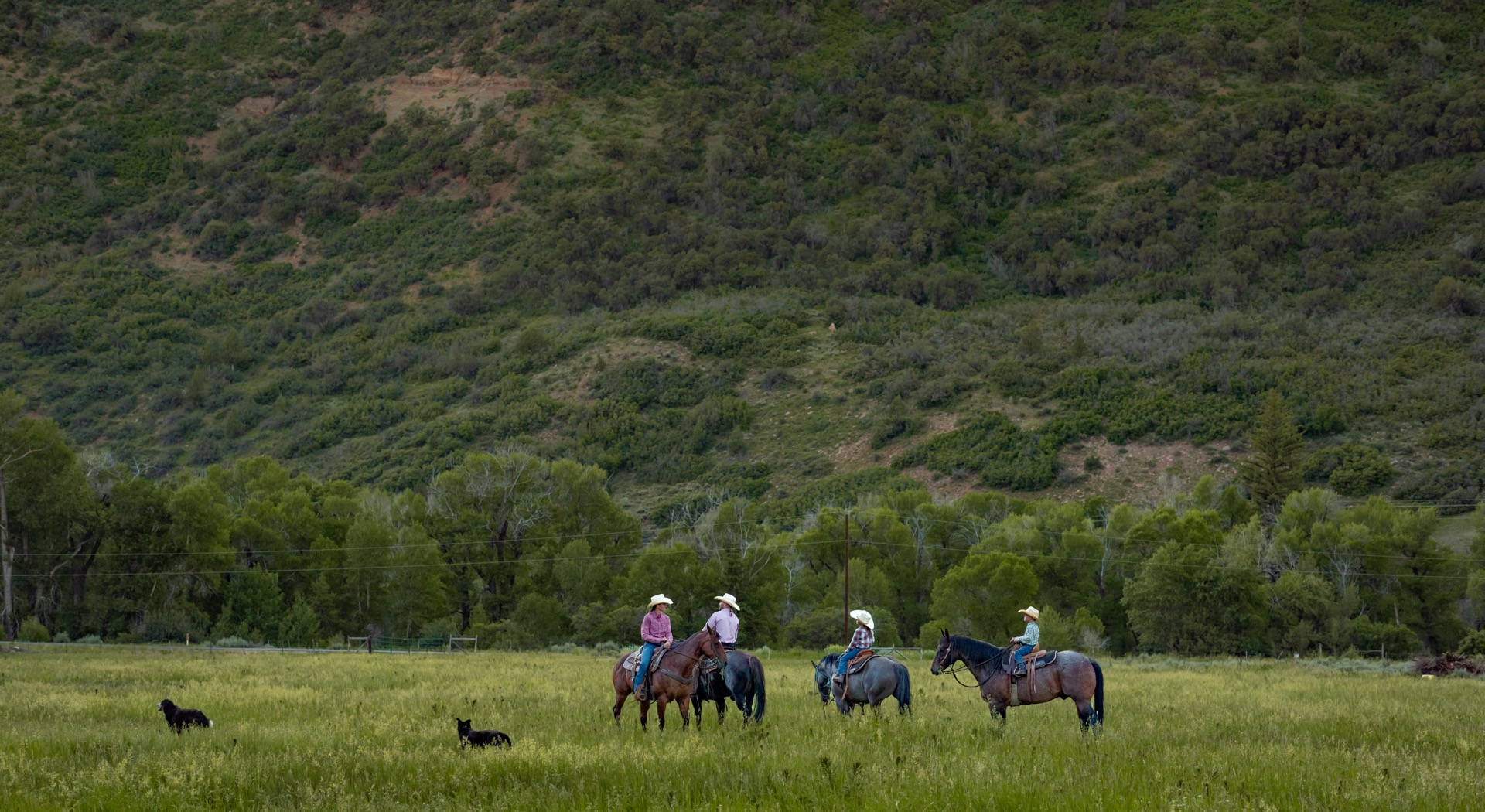 L2 Ranch family on horseback in Utah mountain meadow